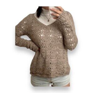 American Eagle Women’s V Neck Open Knit Wool Blend Sweater Cottagecore Y2K Tan M